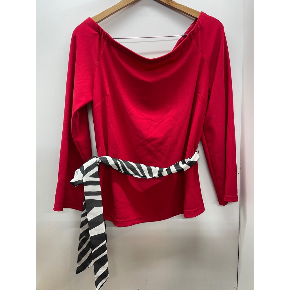 Boston Proper Beyond Travel Red Off Shoulder Belted Zebra Sash Top Large NWT